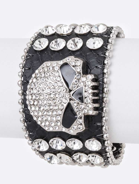 Too-Cool Skull Crystal Leather Cuff