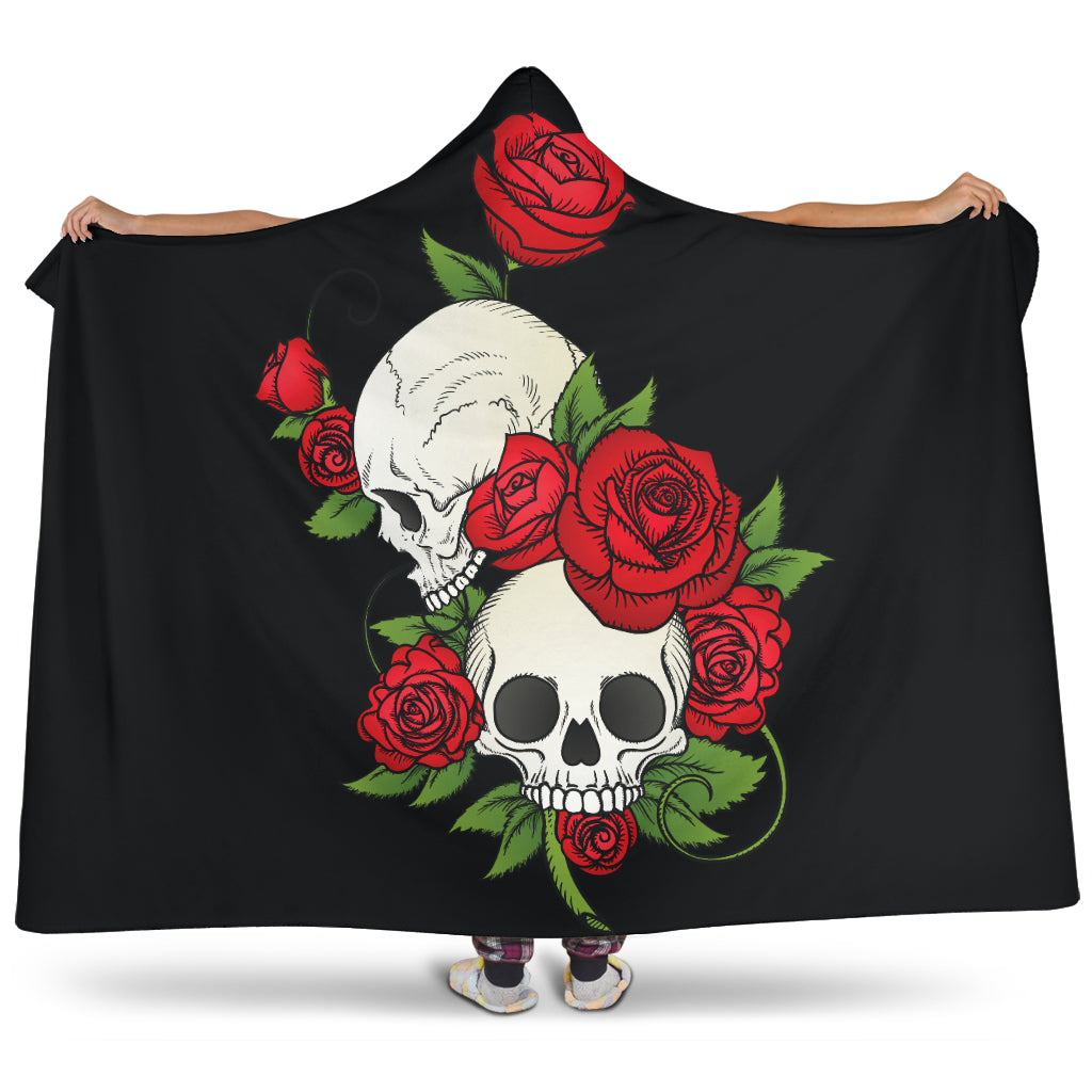 Skull Couple Roses (Black) - Hooded Blankets